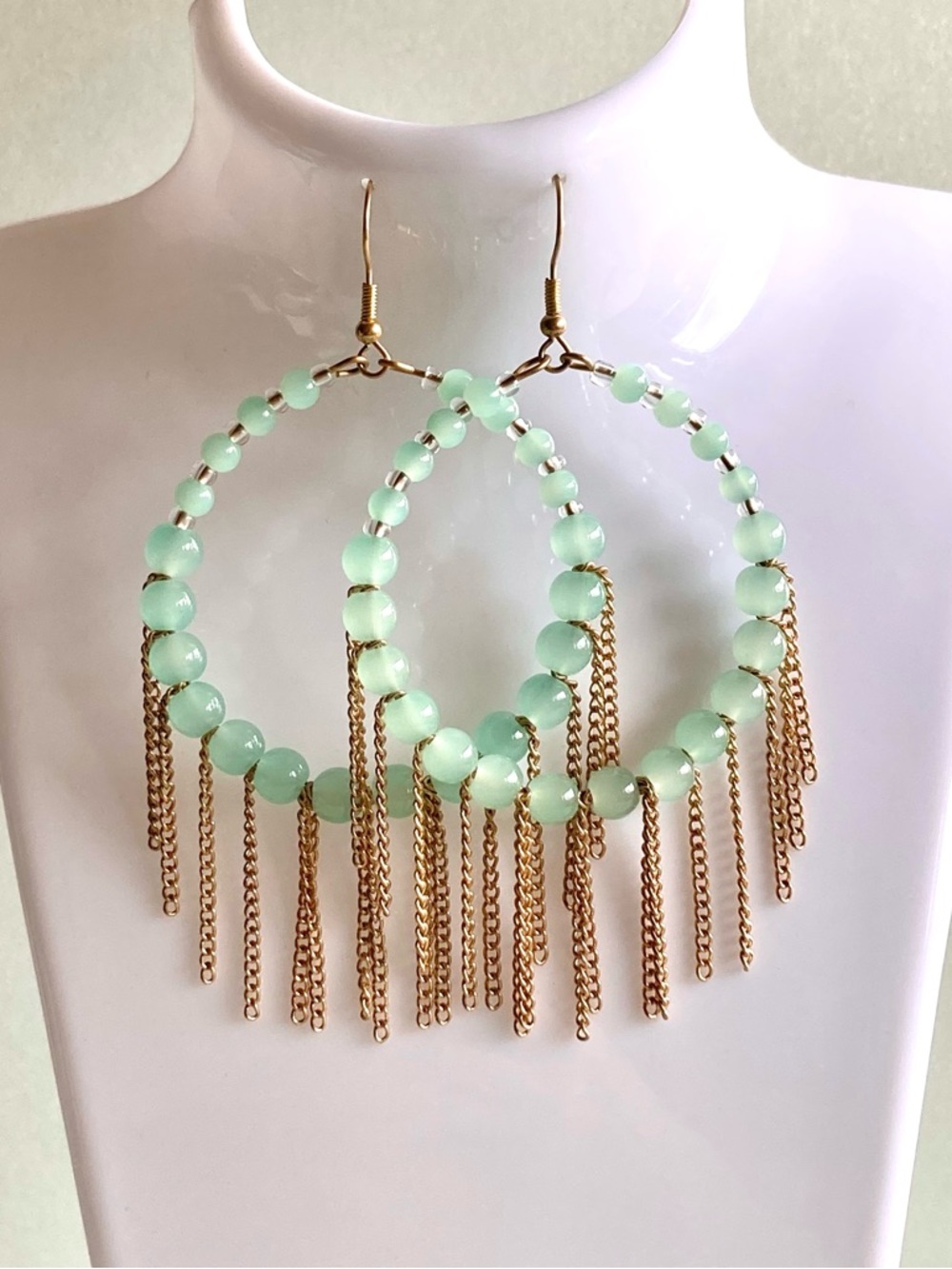 NWOT Gold tone Fringe Hoop Earrings with Mint Green Beads